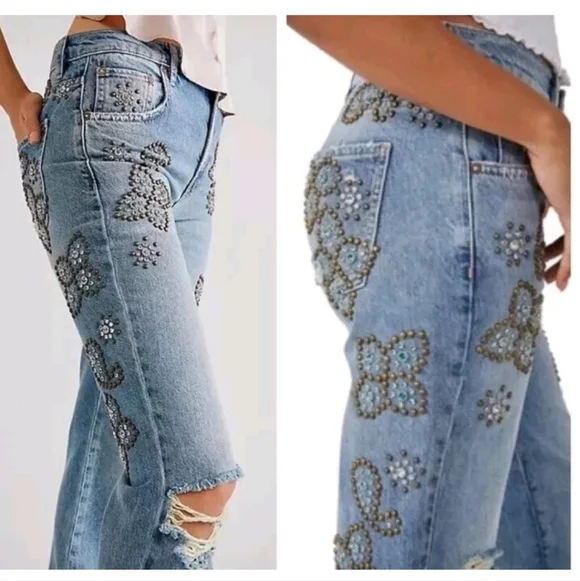 Free People Light Blue Embellished Wide Leg Jeans - Picture 2 of 6
